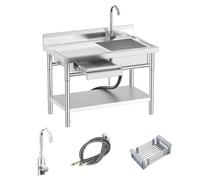RiveraSink Fregadero Industrial de Acero Inoxidable 100x55x80cm, Mesa Fregadero con Patas de Acero, Cajón y Grifo Extraíble, Fregadero Exterior Jardín para Hostelería y Cocina, Fregaderos Industriales