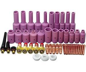 RIVERWELD 50pcs TIG Gas Lens 10n30 10n31 10n32 10n28 45V24 45V25 45V26 cap back 57Y02 57Y03 57Y04 Long alúmina boquilla kit de tamaño surtido Fit QQ300 PTA DB SR WP 17 18 26