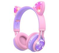 Riwbox Auriculares para niños, CT-7S Auriculares Bluetooth con orejas de gato con luz LED, límite de volumen de 85 dB, sobre la oreja con micrófono para portátil/PC/TV (rosa y morado)