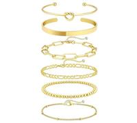 RIXERKOC 6 Piezas Pulseras Oro Mujer, Pulsera de Acero Inoxidable con Oro de 18K Pulsera Dorada Ajustable Apilables Regalo de Joyería para Día de la Madre
