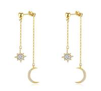 RIXERKOC Pendientes Estrella Luna de Plata de Ley 925 Sterling Stern Moon Ohrringe Pendientes Largos Borlas con Circonitas Joyas Celestiales Únicas Regalos para Bodas Día de la Madre (Oro)
