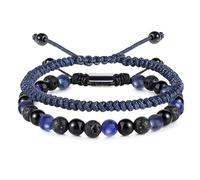 RIXERKOC Pulseras de Cuentas Negras para Hombre 6mm Obsidiana Ojo de Tigre Lava Pulseras Set Ajustable Hecho a Mano Pulsera de Piedra Natural Regalo de Cumpleaños Día del Padre (Azul)
