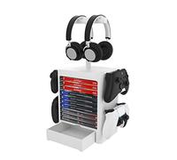 RIXOW Soporte Multifuncional de Almacenamiento de Juegos, Rack de Almacenamiento en Disco de 10 Juegos con Cajón, Soporte para Controlador Auricular Compatible con PS5 PS4 Xbox Series, Gris Claro