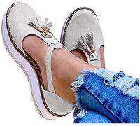 Riyueyi Sandalias de Cuña para Mujer Verano 2021 Sandalias Punta Cerrada Borla Plataforma Zapatos Plano Cómodos Zapatos Hook Loop Sandalias de Cuero,Blanco,35