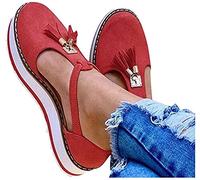 Riyueyi Sandalias de Cuña para Mujer Verano 2021 Sandalias Punta Cerrada Borla Plataforma Zapatos Plano Cómodos Zapatos Hook Loop Sandalias de Cuero,Rojo,36