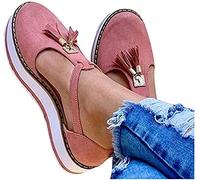Riyueyi Sandalias de Cuña para Mujer Verano 2021 Sandalias Punta Cerrada Borla Plataforma Zapatos Plano Cómodos Zapatos Hook Loop Sandalias de Cuero,Rosado,37