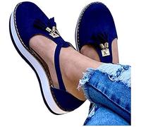 Riyueyi Sandalias de Cuña para Mujer Verano 2021 Sandalias Punta Cerrada Borla Plataforma Zapatos Plano Cómodos Zapatos Hook Loop Sandalias de Cuero,Azul,36