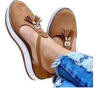 Riyueyi Sandalias de Cuña para Mujer Verano 2021 Sandalias Punta Cerrada Borla Plataforma Zapatos Plano Cómodos Zapatos Hook Loop Sandalias de Cuero,Marrón,39