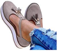 Riyueyi Sandalias de Cuña para Mujer Verano 2021 Sandalias Punta Cerrada Borla Plataforma Zapatos Plano Cómodos Zapatos Hook Loop Sandalias de Cuero,Gris,40