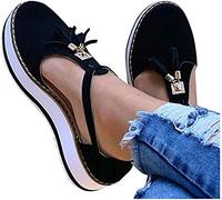 Riyueyi Sandalias de Cuña para Mujer Verano 2021 Sandalias Punta Cerrada Borla Plataforma Zapatos Plano Cómodos Zapatos Hook Loop Sandalias de Cuero,Negro,38
