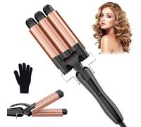 Rizador de pelo 3 barriles Beach Waves Plancha ondulada para el cabello, 25 mm Pequeños rizos Rizador de cerámica Ajuste de temperatura Calentamiento rápido con guante, Oro Rosa