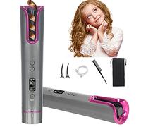 Rizador de pelo, con pantalla LCD, temperatura ajustable y temporizador, portátil recargable y giratorio, de cerámica, varita para rizar, calentamiento rápido