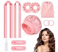 Rizador de Pelo Sin Calor 2 Tallas, Rulos de Satén para Dormir con Gorro | Heatless Hair Curler para Cabello Largo y Mediano, Kit de Rizos sin Calor Overnight con Scrunchies y Clips, Rosa
