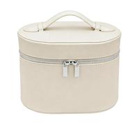 RIZGHWOY Bolsa de Maquillaje, Organizador de Cosméticos Portátil de Viaje de Gran Capacidad con Asa, Divisor Desmontable, Bolsa de Aseo de Cuero PU para Mujeres y Niñas (Beige)
