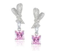 RIZILIA Pendientes chapados en oro blanco de 18 quilates para mujer, circonita cúbica de corte princesa [zafiro rosa simulado], aretes colgantes de joyería de moda para mujer