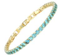 RIZILIA Pulsera De Tenis No Tan Básica Para Mujer Con Circonita Cúbica De Corte Brillante Redondo De 4mm De Aguamarina Simulada En Chapado En Oro Amarillo De 14K, 16.5cm + Extensores, Caja De Regalo