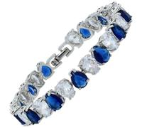 RIZILIA SPECTRUM - Pulsera clásica chapada en oro blanco de 18 quilates con circonita cúbica de corte pera de 6 mm [zafiro azul simulado], pulseras de oro para mujer, tamaño 18 cm, regalo de joyería