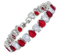 RIZILIA SPECTRUM - Pulsera clásica chapada en oro blanco de 18 quilates con circonita cúbica de corte pera de 6 mm [rubí rojo simulado], pulseras de oro para mujer, tamaño 18 cm, regalo de joyería