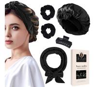 Rizos sin calor, Rulos de Terciopelo para la Noche con Gorro de Dormir, set de Peinado DIY con Banda Rizadora, Rulos de Noche, Banda Rizadora sin Calor para Cabello Largo y Mediano - Negro