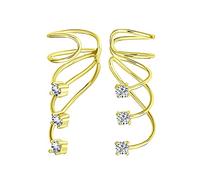 Rizos Triples De Circonio Cúbico Curved Crawlers Alambre Cartílago De Circonio Cúbico Pinza Para Oreja Puño Pendiente Para Mujeres Adolescentes Chapado En Oro Amarillo 14K .925 Plata Esterlina