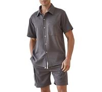 RIZUNTO Conjunto Hombre Sólido Camisas Camisa Botónes Shorts Manga algodón verano playa campamento vacaciones hawaianas,1 Gris (Tops),M