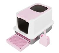 RIZZARI Caja de arena de acero inoxidable para gatos, diseño de entrada superior cerrada, bandeja de arena de gran capacidad a prueba de fugas para gatos, inodoro para mascotas fácil de limpiar (rosa)