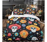 RJAVAGFZL Calaveras del Día de Muertos Impresión 3D 3 Piezas Funda de edredón cubrecama Microfibra hipoalergénica Cierre Cremallera para Chicos Adolescentes Mujeres Single（140x200cm）