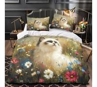 RJAVAGFZL Gato Peludo Entre Flores Impresión 3D 3 Piezas Funda de colchón Estilo de Pintura caprichoso Funda de edredón Microfibra morbida Transpirable para Chicos Hombres Adultos Single (135x200cm)