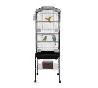 RjcdOPL Jaula para pájaros de metal sobre pie, pajarera sobre ruedas, bandeja extraíble, bebedero y cuencos incluidos, 3 perchas, 47 × 37 × 137,5 cm, para calopsitas e inseparables (negro)