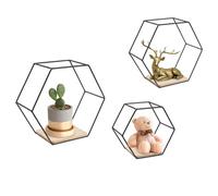 RjcdOPL, Lote de 3 estantes de pared hexagonales, estantes flotantes de hierro y madera, carga máxima de 5 kg, ahorro de espacio, ideal para salón, entrada, dormitorio, oficina, color negro