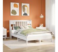 RJPLMFV Cama Librería Blanco 160x200 cm Pin macizo | Sin colchón, cabecero de cama con estantes, somier de láminas incluido, sustituye a mesita de noche