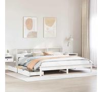 RJPLMFV Cama Librería Blanco 200x200 cm Madera pino macizo | Sin colchón, somier de láminas incluido, cajón de ruedas, almacenamiento integrado