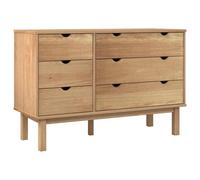RJPLMFV Cómoda OTTA de madera de pino macizo, 6 cajones, 111x43x73,5 cm | Estilo escandinavo, madera natural con lazos, fijación de pared incluida, almacenamiento espacioso, bandeja decorativa
