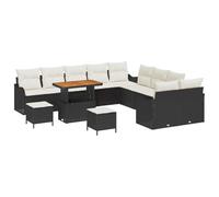RJPLMFV - Juego de sofá para jardín, 13 piezas, color negro | Madera de acacia maciza, polietileno Rattan duradero, apoyabrazos de pista, confort regulable, para terraza