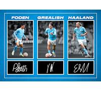 RJR PRINTS Phil Foden, Jack Grealish y Erling Haaland - Impresión fotográfica de Montaje A4 firmada por el Manchester City con Regalo de fútbol con autógrafo preimpreso