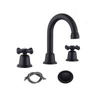 RKF CWF039-MB - Grifos de baño para fregadero de 3 agujeros, color negro mate, 8 pulgadas, llave de fregadero de baño generalizada con desagüe, 2 asas, pomos cruzados, grifo mezclador para lavabo con