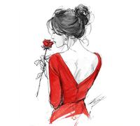 RKFLGEW Set De Bordado Diy Para Adultos Una Mujer Con Un Vestido Rojo Vista Desde Atrás Kits De Bordado Con Cuentas,Kit De Punto De Cruz,Juego De Abalorios De 3 Mm Para Manualidades. 50x70 cm