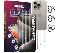 RKINC Protector pantalla para iPhone 15 Pro Max 6.7-Inch Con Protector Camara [3 +3 Piezas] Cristal templado película de vidrio, 9H 0.33 mm [Garantía de por vida][Anti-rasguño][Sin burbujas]