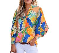 RKK Boho Blouses for Women 2024 Casual V Neck Long Puff Sleeve Floral Print Shirts Colorful Summer Fall Tops(12,L)