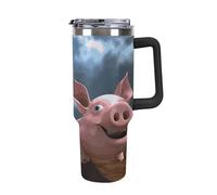 Rkklvbns Divertida taza de café de viaje con diseño de cerditos 3D, vaso de 40 onzas con asa y tapa con popote, taza de coche de gran capacidad a prueba de fugas, mantiene el frío o el calor para
