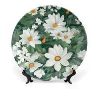 Rkklvbns - Platos decorativos de hojas verdes y flores blancas, platos decorativos de cerámica de 8 pulgadas, plato decorativo de porcelana con soporte de exposición, platos de postre para decoración