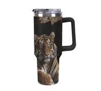 Rkklvbns Tiger in Cave - Taza de café de viaje, vaso de 40 onzas con asa y tapa con popote, taza de coche de gran capacidad a prueba de fugas, mantiene el frío o el calor para gimnasio, viajes y