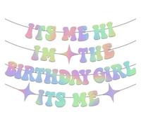 RKMYTR Cartel de cumpleaños para niña, decoración de niñas con purpurina "Hi, I'm the Birthday Girl" con decoraciones de fiesta iridiscentes, telón de fondo plateado gradual para celebraciones en