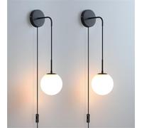 RKYRRKI Juego de dos lámparas de pared modernas con interruptor de cable de enchufe, luces para colgar en interiores con pantalla de cristal de globo, accesorio de iluminación negro dorado para