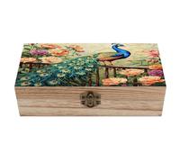 RLDOBOFE Caja de almacenamiento de madera de pavo real entre flores con tapa con bisagras, caja de recuerdo de madera para joyas, manualidades y regalos, caja de recuerdos decorativa, pequeño
