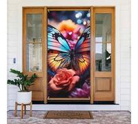 RLDOBOFE Decoración de puerta con rosas y mariposas, telón de fondo para puerta de bienvenida, cartel de porche de temporada, fondo de fotos para decoración de fiestas, cortinas de puerta interior y