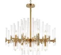 RLKHXBS Indoor Chandelier, 10-Light Luxury Crystal Chandelier Lights Gold Brass Pendant Light Fixtures with Clear Crystal Glass Bar Contemporary Pendant Hanging Light for Dining Room, Living Room,