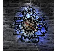 RLKHXBS LED Night Light Happy Halloween Night Wall Decorative Vinyl Record Reloj de Pared Skeleton & Vintage Clock Wall Watch Decoración de Terror