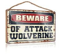RLVH Placa de madera para puerta delantera, con texto en inglés "Beware Of Attack Wolverine", decoración vintage para la habitación del hogar (15 x 28 cm)