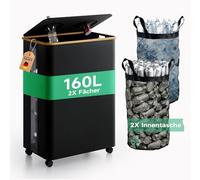 RMAN Cubo de Basura 160 L Reciclaje con Ruedas Grande Cubo basura con Tapa y 2 Compartimentos para Recoger Botellas Vacías, 18cm de Diámetro, para Cocina, Comedor, Oficina, Negro